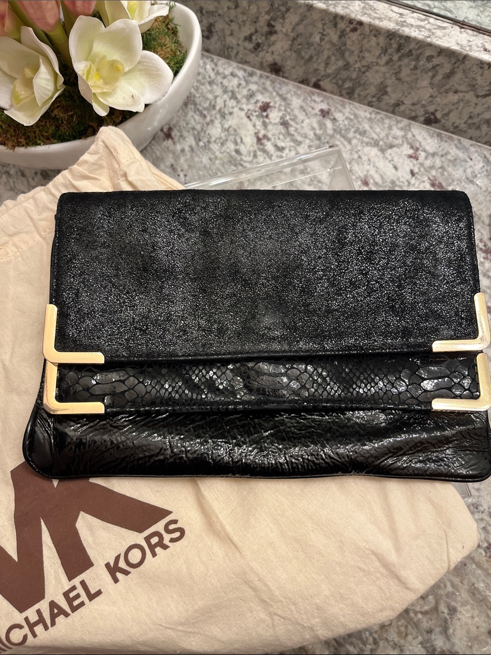 Michael Kors Black Mixed-Texture Convertible Clutch with Gold Accents